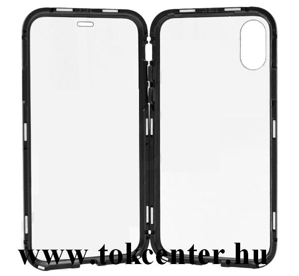 Apple iPhone X 5.8 / Apple iPhone XS 5.8 Alumínium telefonvédő (360°-os védelem, mágneses, közepesen ütésálló, edzett üveg előlap, hátlap, 9H) FEKETE