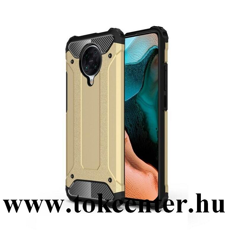 Xiaomi Pocophone F2 Pro Defender műanyag telefonvédő (közepesen ütésálló, légpárnás sarok, szilikon belső, fémhatás) ARANY