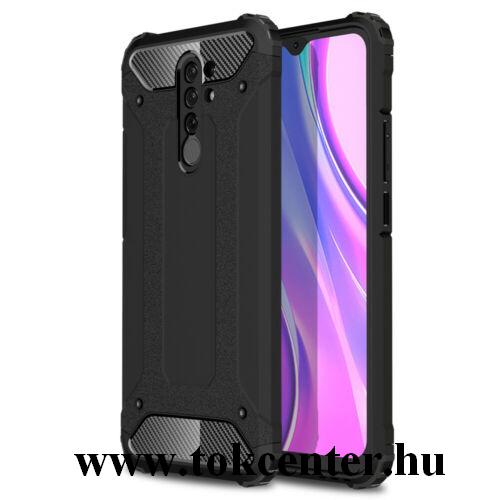 Xiaomi Redmi 9 Defender műanyag telefonvédő (közepesen ütésálló, légpárnás sarok, szilikon belső, fémhatás) FEKETE