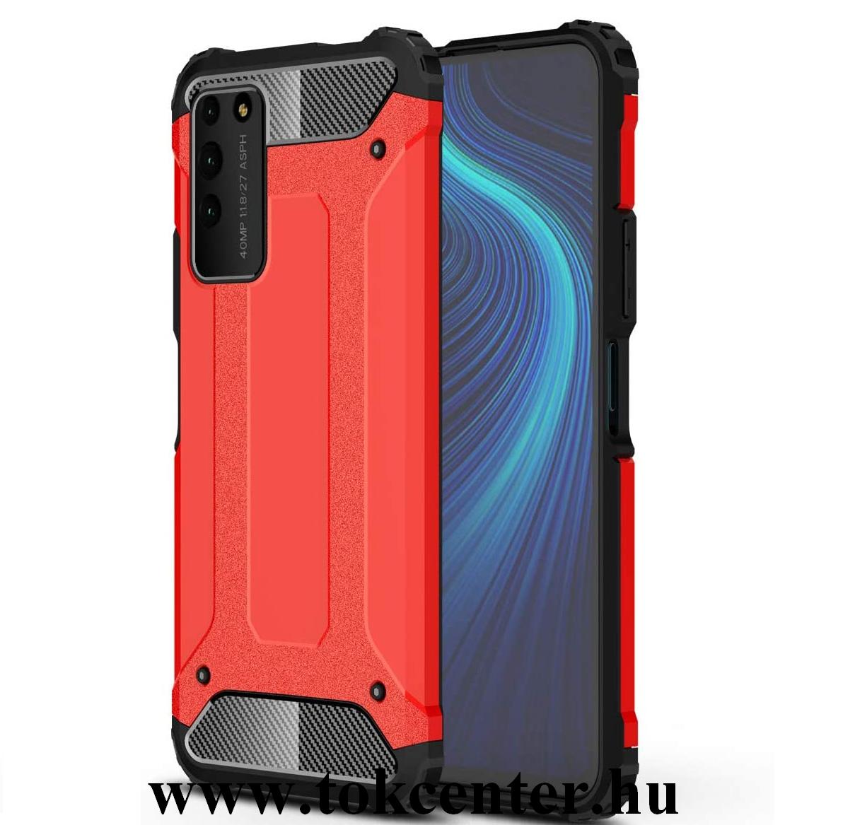 Honor X10 5G Defender műanyag telefonvédő (közepesen ütésálló, légpárnás sarok, szilikon belső, fémhatás) PIROS