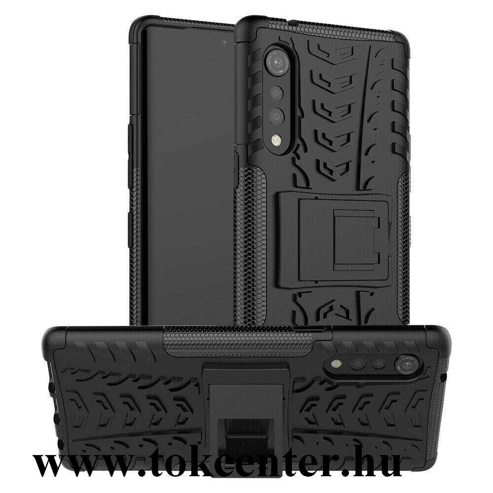 LG Velvet (G910E) Defender műanyag telefonvédő (közepesen ütésálló, szilikon belső, kitámasztó, autógumi minta) FEKETE