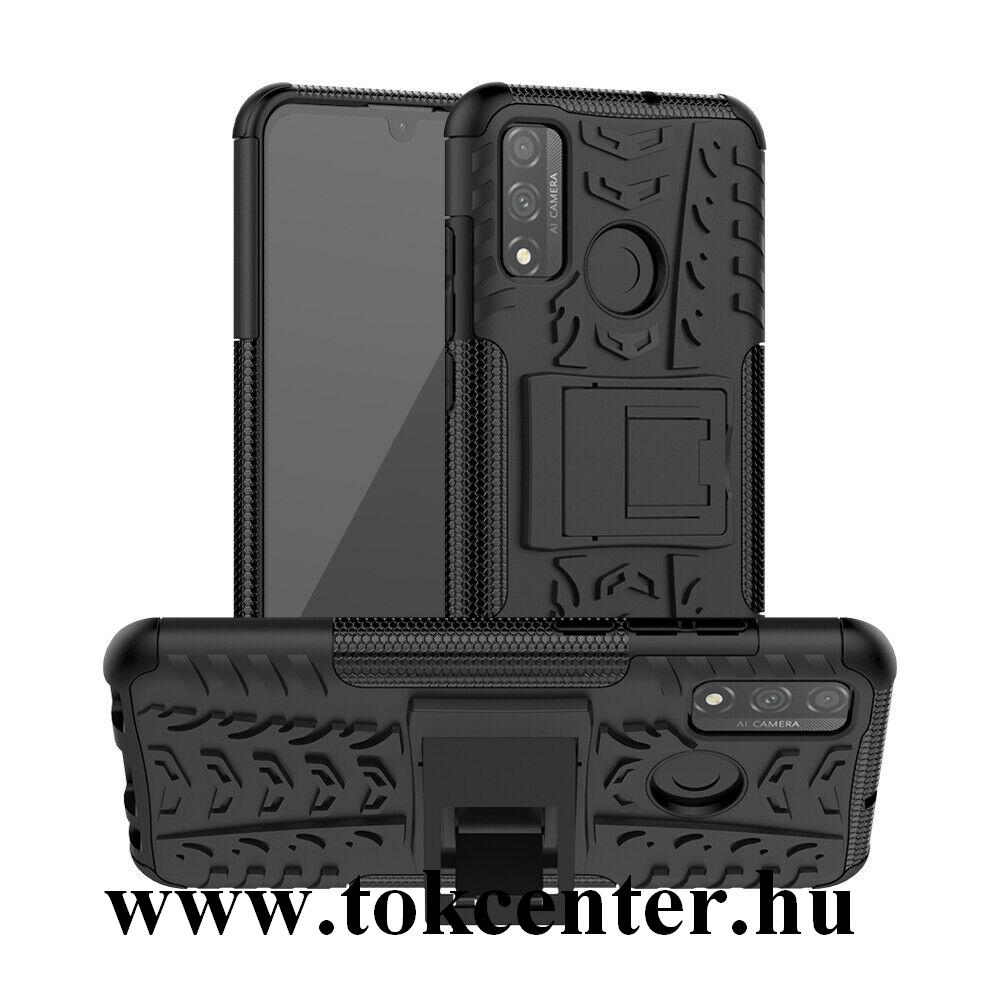 Huawei P Smart (2020) Defender műanyag telefonvédő (közepesen ütésálló, szilikon belső, kitámasztó, autógumi minta) FEKETE