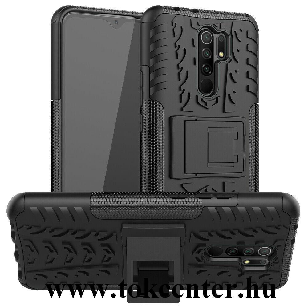 Xiaomi Redmi 9A Defender műanyag telefonvédő (közepesen ütésálló, szilikon belső, kitámasztó, autógumi minta) FEKETE