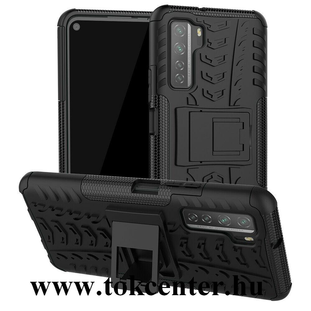 Huawei P40 Lite 5G / nova 7 SE Defender műanyag telefonvédő (közepesen ütésálló, szilikon belső, kitámasztó, autógumi minta) FEKETE