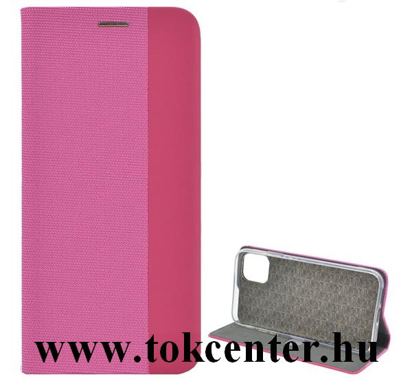 Samsung Galaxy S20 (SM-G980F) /Galaxy S20 5G (SM-G981U) Tok álló, bőr hatású (FLIP, oldalra nyíló, asztali tartó funkció, textil hatás) RÓZSASZÍN