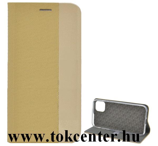 Samsung Galaxy S20 (SM-G980F) /Galaxy S20 5G (SM-G981U) Tok álló, bőr hatású (FLIP, oldalra nyíló, asztali tartó funkció, textil hatás) ARANY