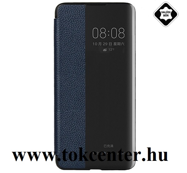 Huawei P30 Tok álló, valódi bőr (aktív flip, oldalra nyíló, Smart View Cover) KÉK