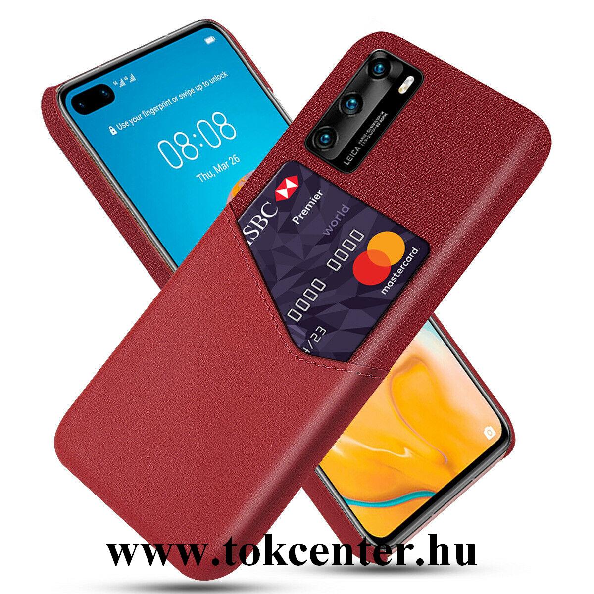 Huawei P40 Műanyag telefonvédő (közepesen ütésálló, bankkártya tartó, textilbevonat, bőr hatású hátlap) PIROS