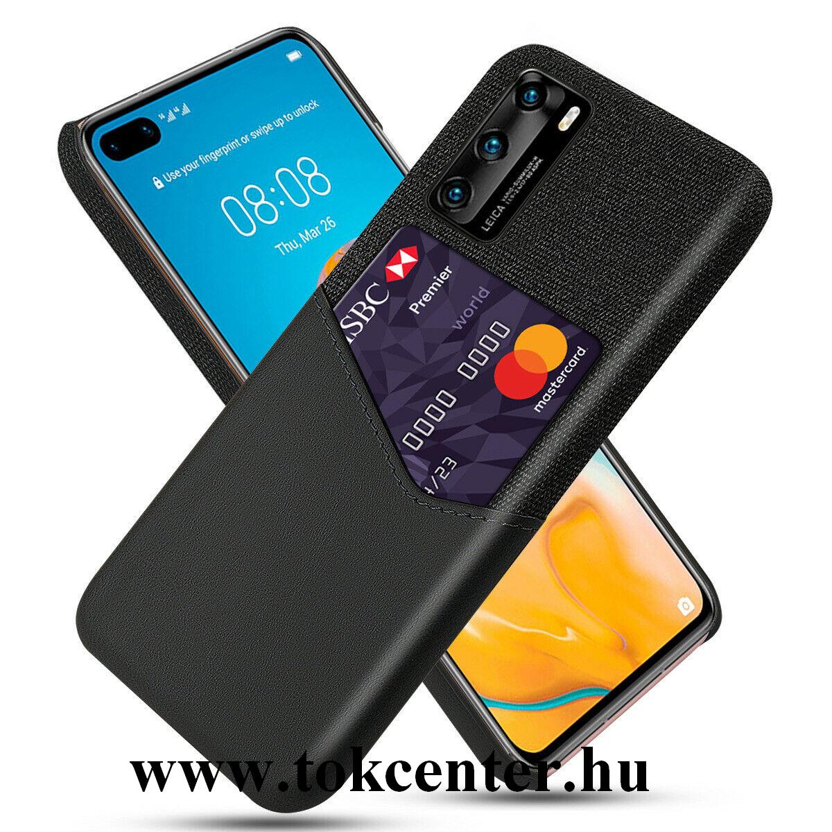 Huawei P40 Műanyag telefonvédő (közepesen ütésálló, bankkártya tartó, textilbevonat, bőr hatású hátlap) FEKETE