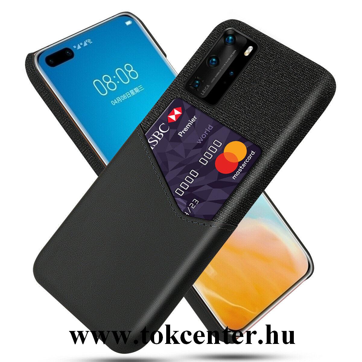 Huawei P40 Pro 5G Műanyag telefonvédő (közepesen ütésálló, bankkártya tartó, textilbevonat, bőr hatású hátlap) FEKETE
