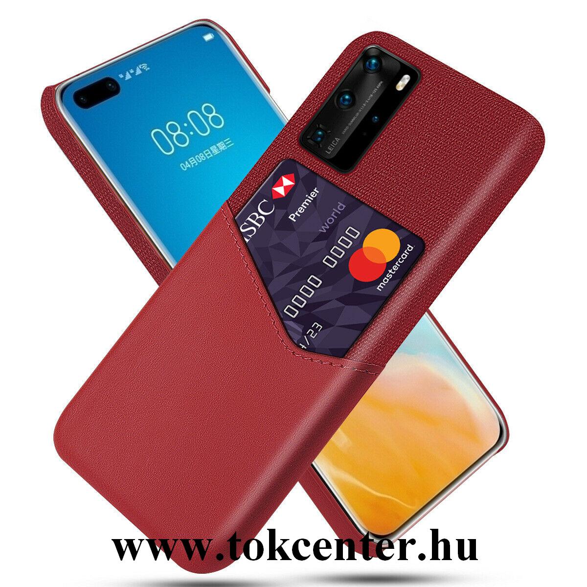 Huawei P40 Pro 5G / Huawei P40 Pro+ 5G Műanyag telefonvédő (közepesen ütésálló, bankkártya tartó, textilbevonat, bőr hatású hátlap) PIROS