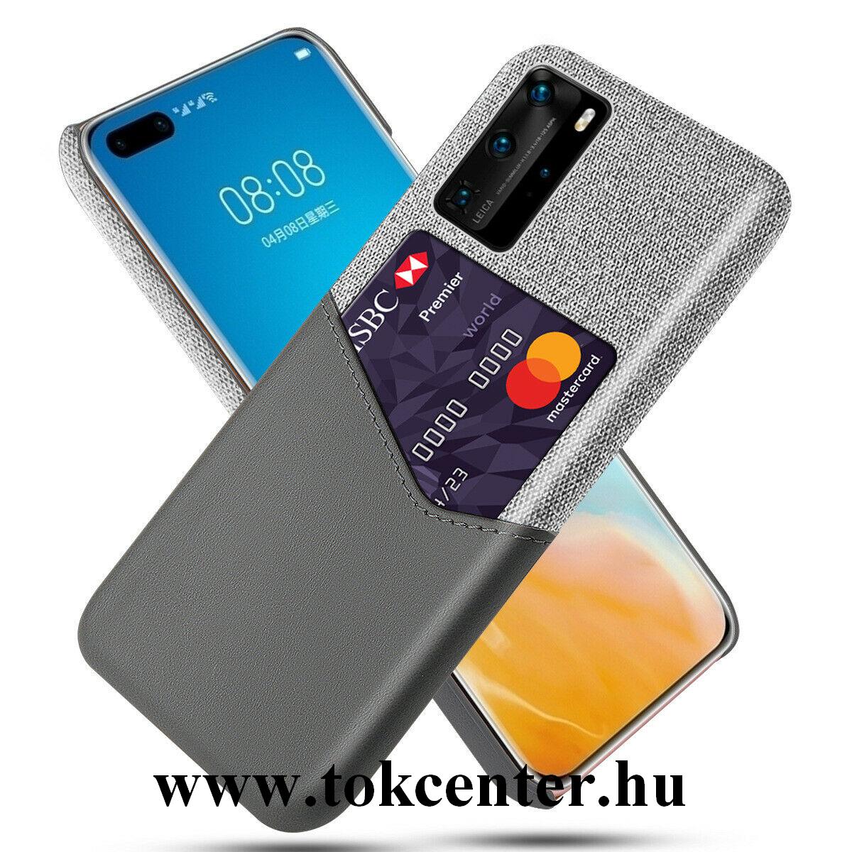 Huawei P40 Pro 5G / Huawei P40 Pro+ 5G Műanyag telefonvédő (közepesen ütésálló, bankkártya tartó, textilbevonat, bőr hatású hátlap) SZÜRKE