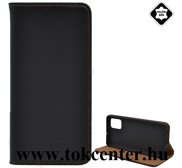 Samsung Galaxy A71 (SM-A715F) Tok álló, valódi bőr (FLIP, oldalra nyíló, asztali tartó funkció) FEKETE