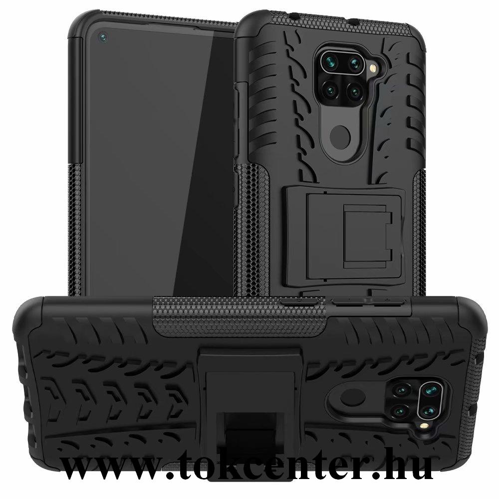 Xiaomi Redmi Note 9 Defender műanyag telefonvédő (közepesen ütésálló, szilikon belső, kitámasztó, autógumi minta) FEKETE