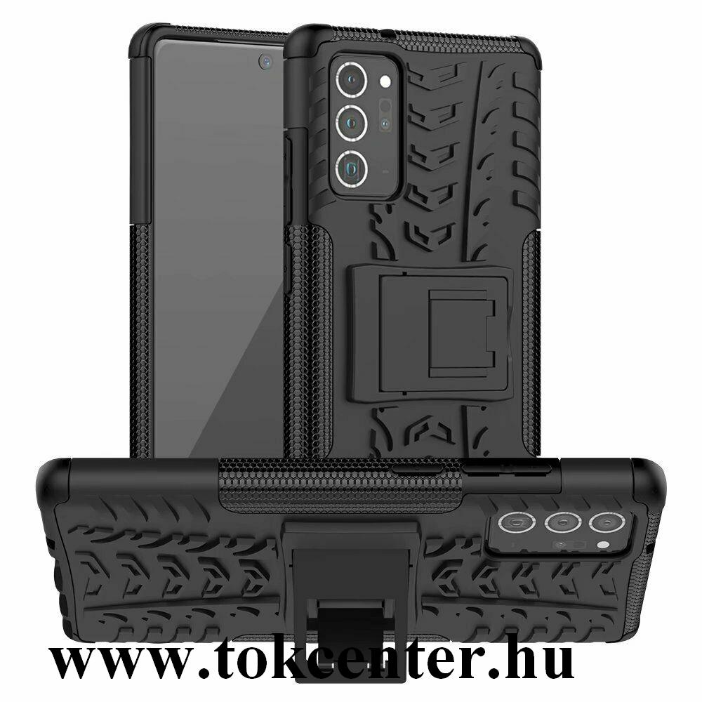 Samsung Galaxy Note 20 (SM-N980F) / Note 20 5G (SM-N981F) Defender műanyag telefonvédő (közepesen ütésálló, szilikon belső, kitámasztó, autógumi minta) FEKETE