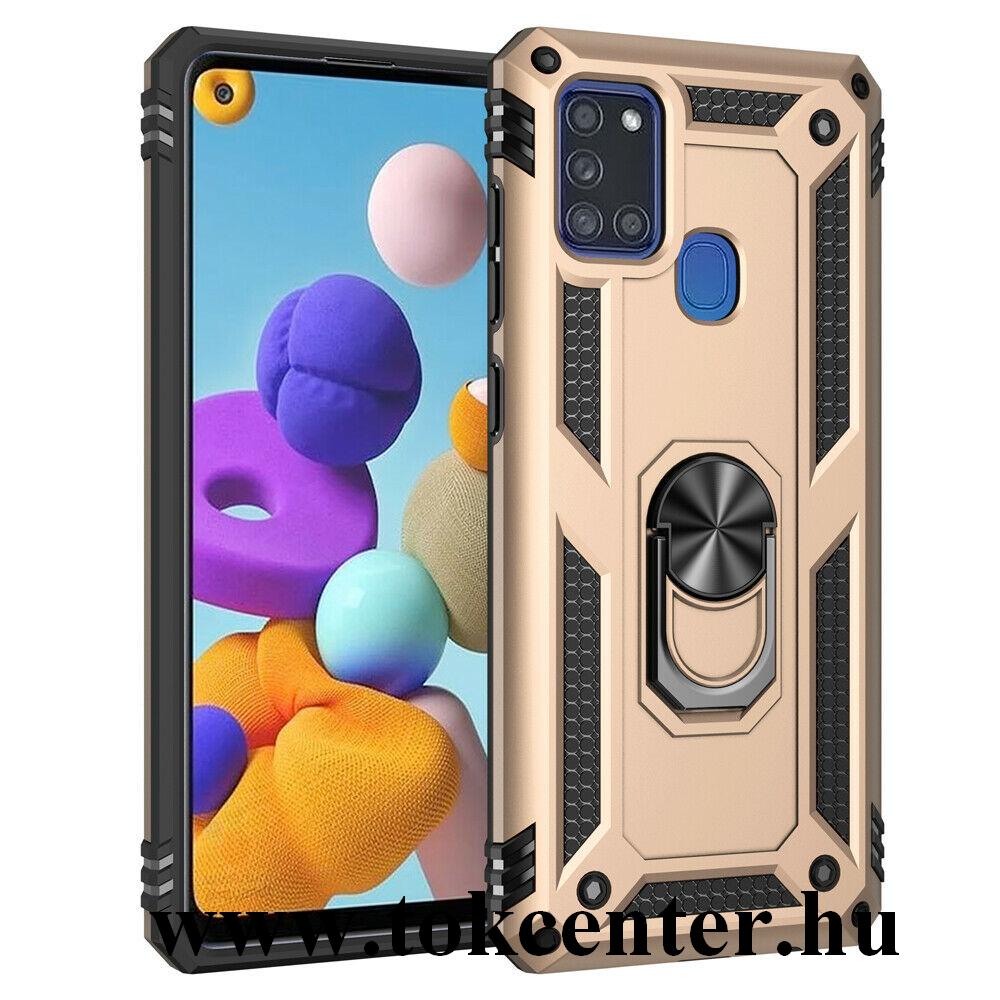 Samsung Galaxy A21s (SM-A217F) Defender műanyag telefonvédő (közepesen ütésálló, szilikon belső, telefontartó gyűrű, beépített fémlemez) ARANY