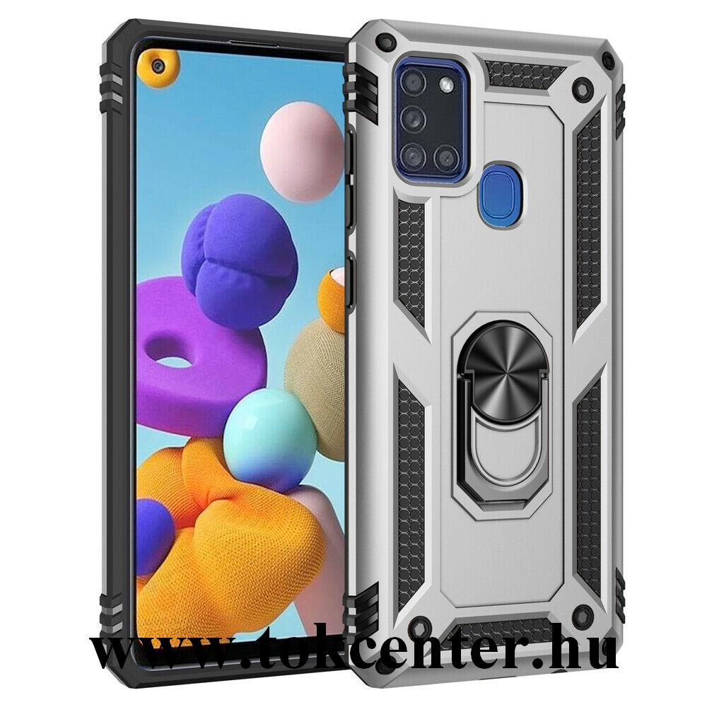 Samsung Galaxy A21s (SM-A217F) Defender műanyag telefonvédő (közepesen ütésálló, szilikon belső, telefontartó gyűrű, beépített fémlemez) EZÜST