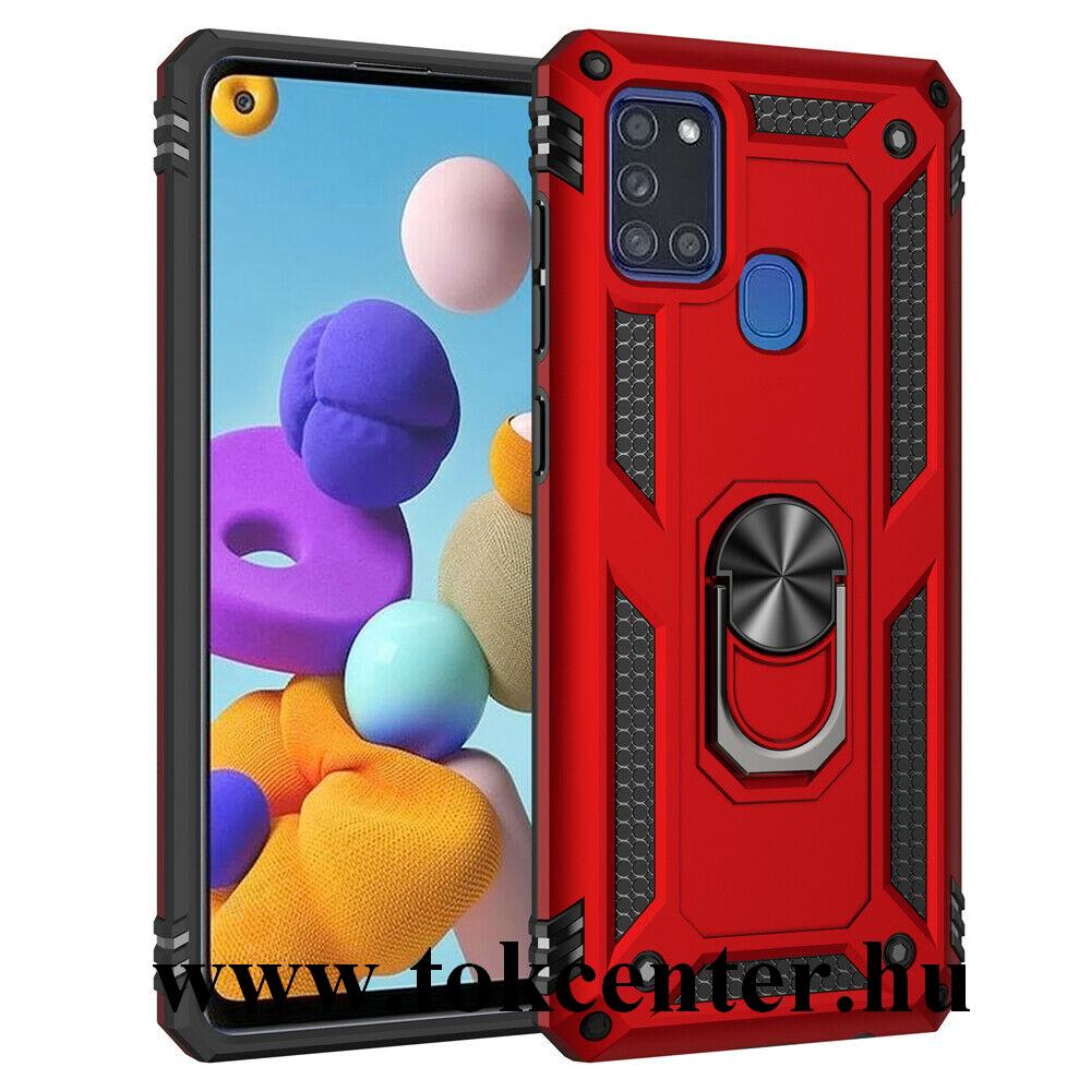 Samsung Galaxy A21s (SM-A217F) Defender műanyag telefonvédő (közepesen ütésálló, szilikon belső, telefontartó gyűrű, beépített fémlemez) PIROS