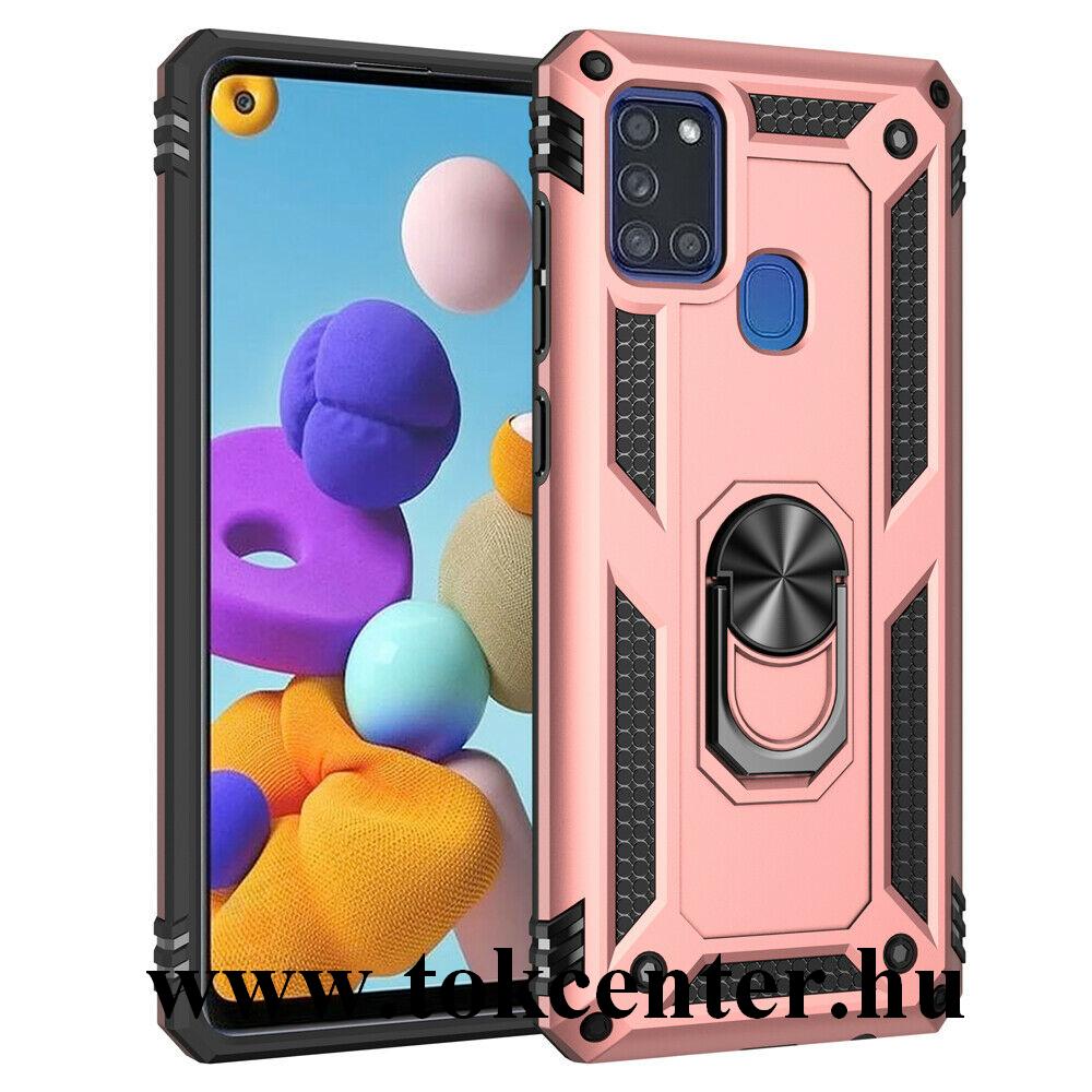 Samsung Galaxy A21s (SM-A217F) Defender műanyag telefonvédő (közepesen ütésálló, szilikon belső, telefontartó gyűrű, beépített fémlemez) ROZÉARANY