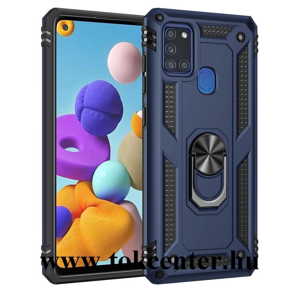 Samsung Galaxy A21s (SM-A217F) Defender műanyag telefonvédő (közepesen ütésálló, szilikon belső, telefontartó gyűrű, beépített fémlemez) SÖTÉTKÉK