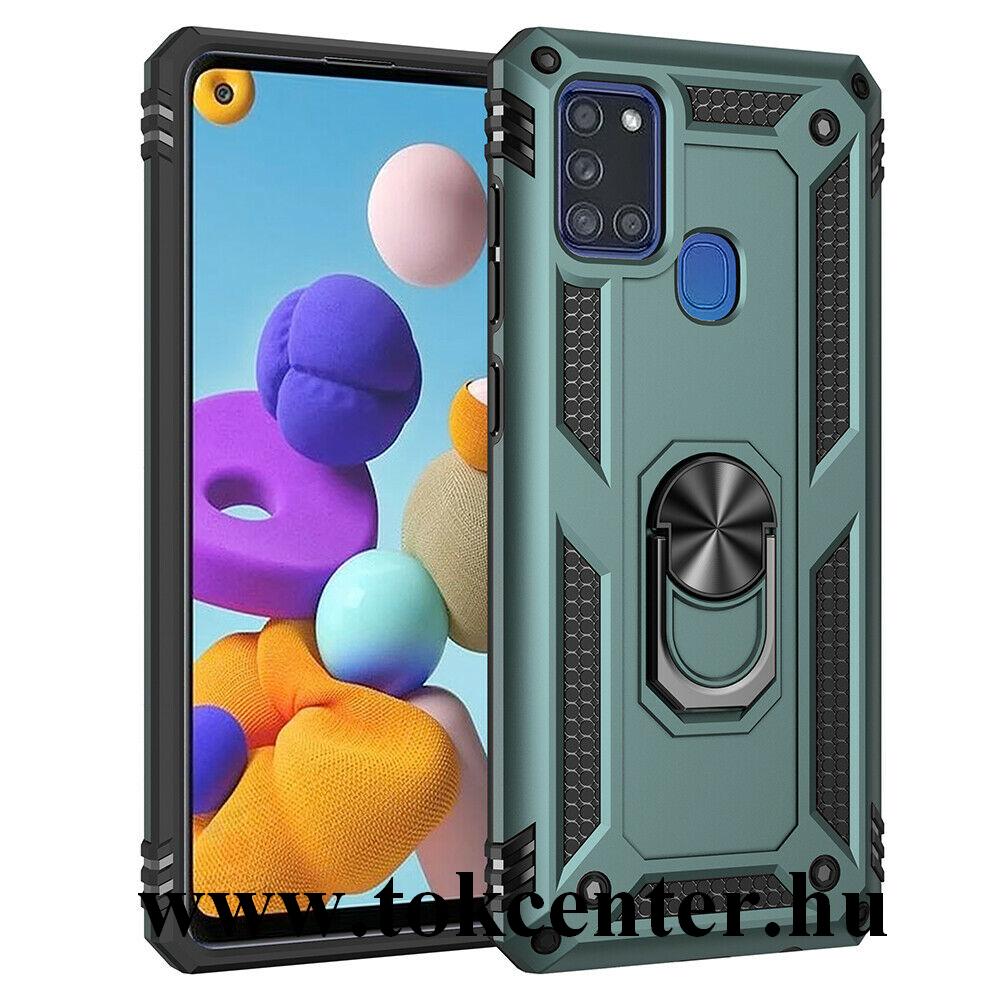 Samsung Galaxy A21s (SM-A217F) Defender műanyag telefonvédő (közepesen ütésálló, szilikon belső, telefontartó gyűrű, beépített fémlemez) ZÖLD