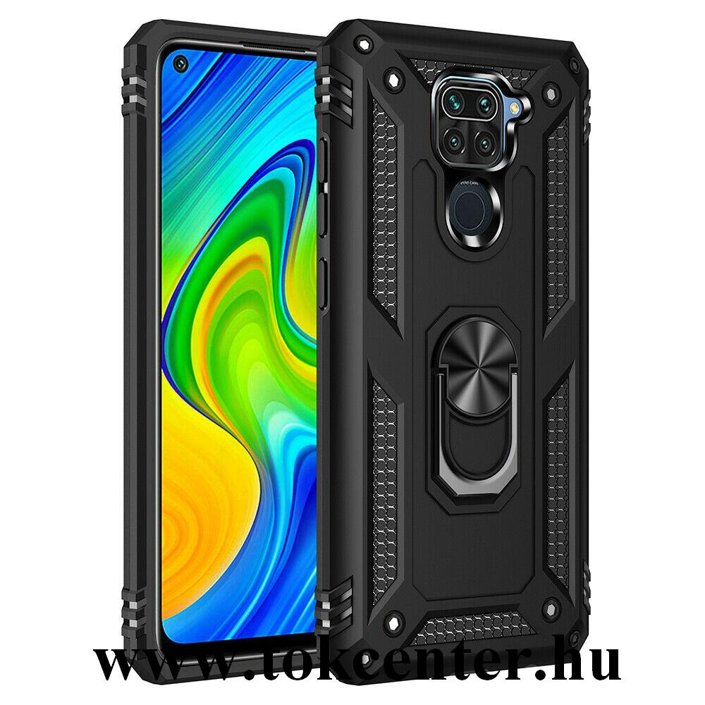 Xiaomi Redmi Note 9 Defender műanyag telefonvédő (közepesen ütésálló, szilikon belső, telefontartó gyűrű, beépített fémlemez) FEKETE