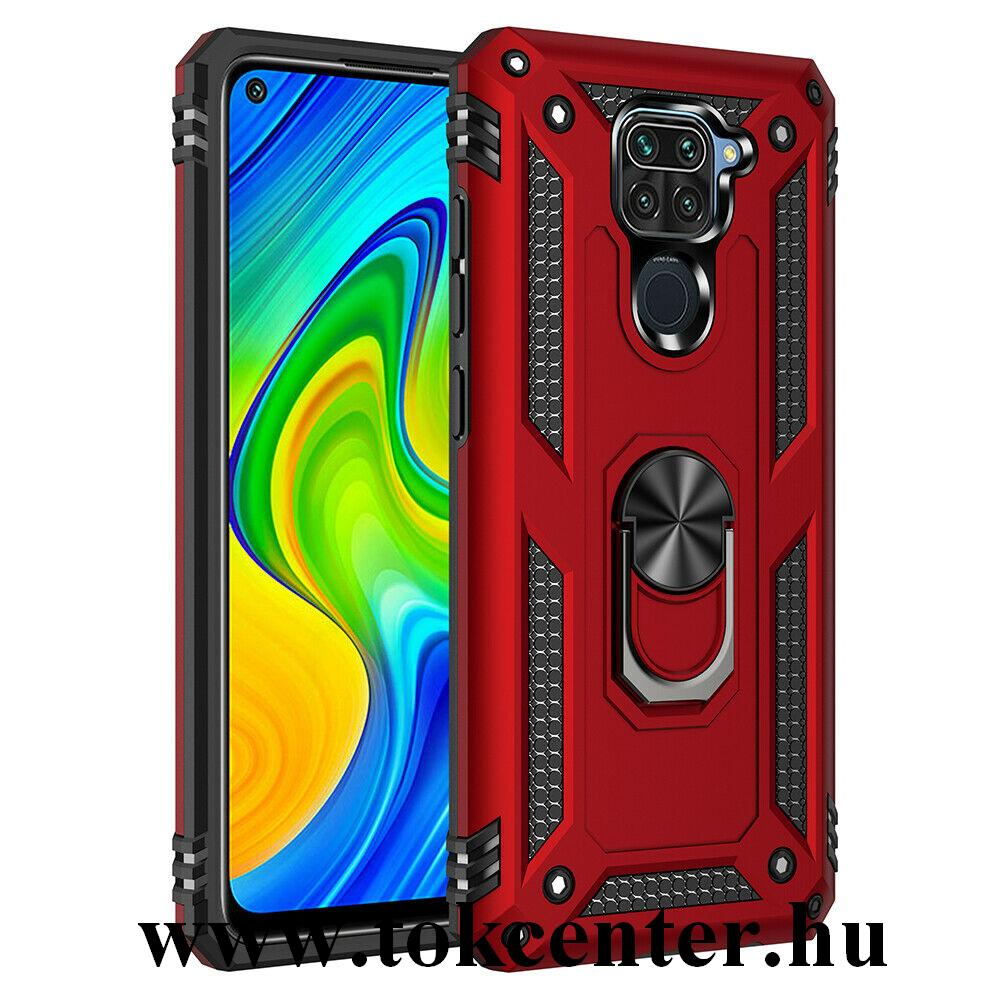 Xiaomi Redmi Note 9 Defender műanyag telefonvédő (közepesen ütésálló, szilikon belső, telefontartó gyűrű, beépített fémlemez) PIROS