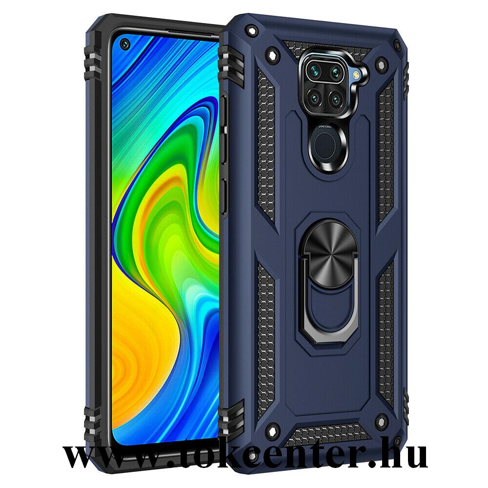 Xiaomi Redmi Note 9 Defender műanyag telefonvédő (közepesen ütésálló, szilikon belső, telefontartó gyűrű, beépített fémlemez) SÖTÉTKÉK