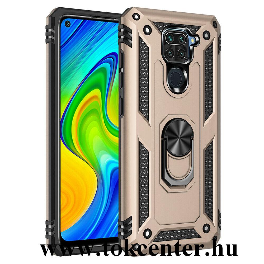 Xiaomi Redmi Note 9 Defender műanyag telefonvédő (közepesen ütésálló, szilikon belső, telefontartó gyűrű, beépített fémlemez) ARANY