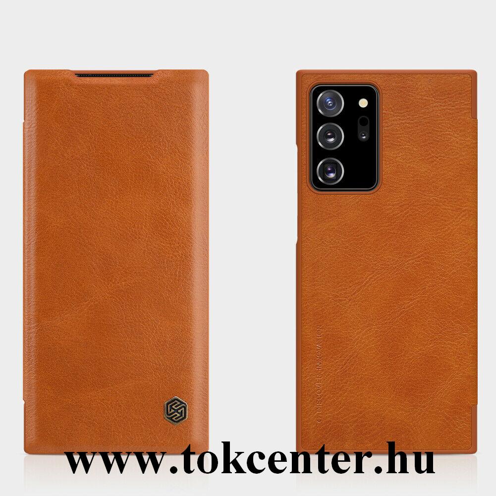 Samsung Galaxy Note 20 Ultra (SM-N985F) / Note 20 Ultra 5G (SM-N986F) NILLKIN QIN tok álló, bőr hatású (aktív flip, oldalra nyíló, bankkártya tartó) BARNA