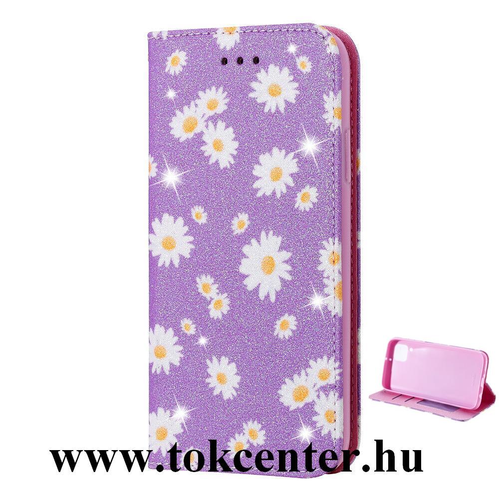 Honor 9S / Huawei Y5p Tok álló, bőr hatású (FLIP, oldalra nyíló, bankkártya tartó, asztali tartó funkció, csillogós, virág minta) LILA