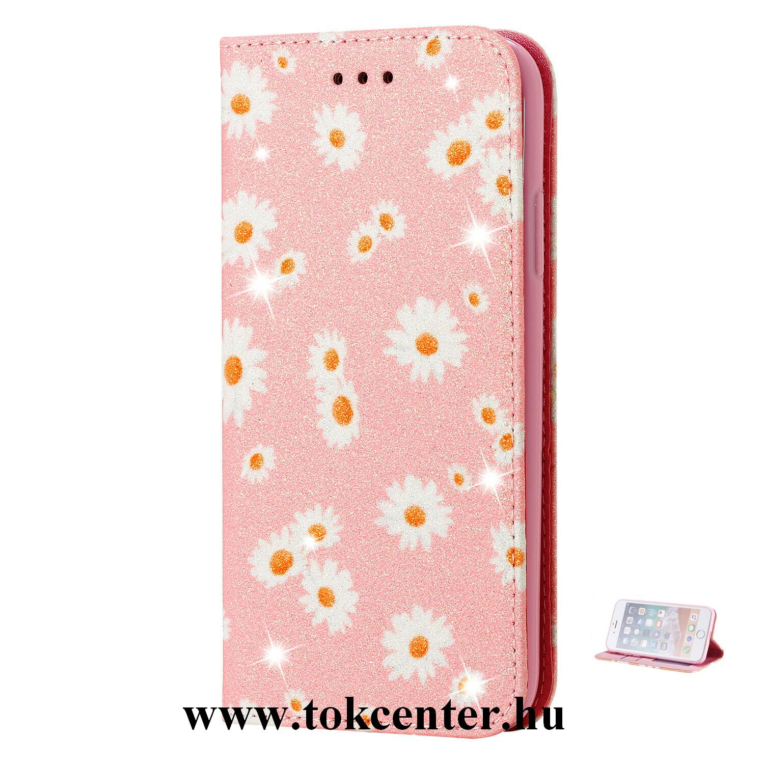 Honor 9S / Huawei Y5p Tok álló, bőr hatású (FLIP, oldalra nyíló, bankkártya tartó, asztali tartó funkció, csillogós, virág minta) RÓZSASZÍN