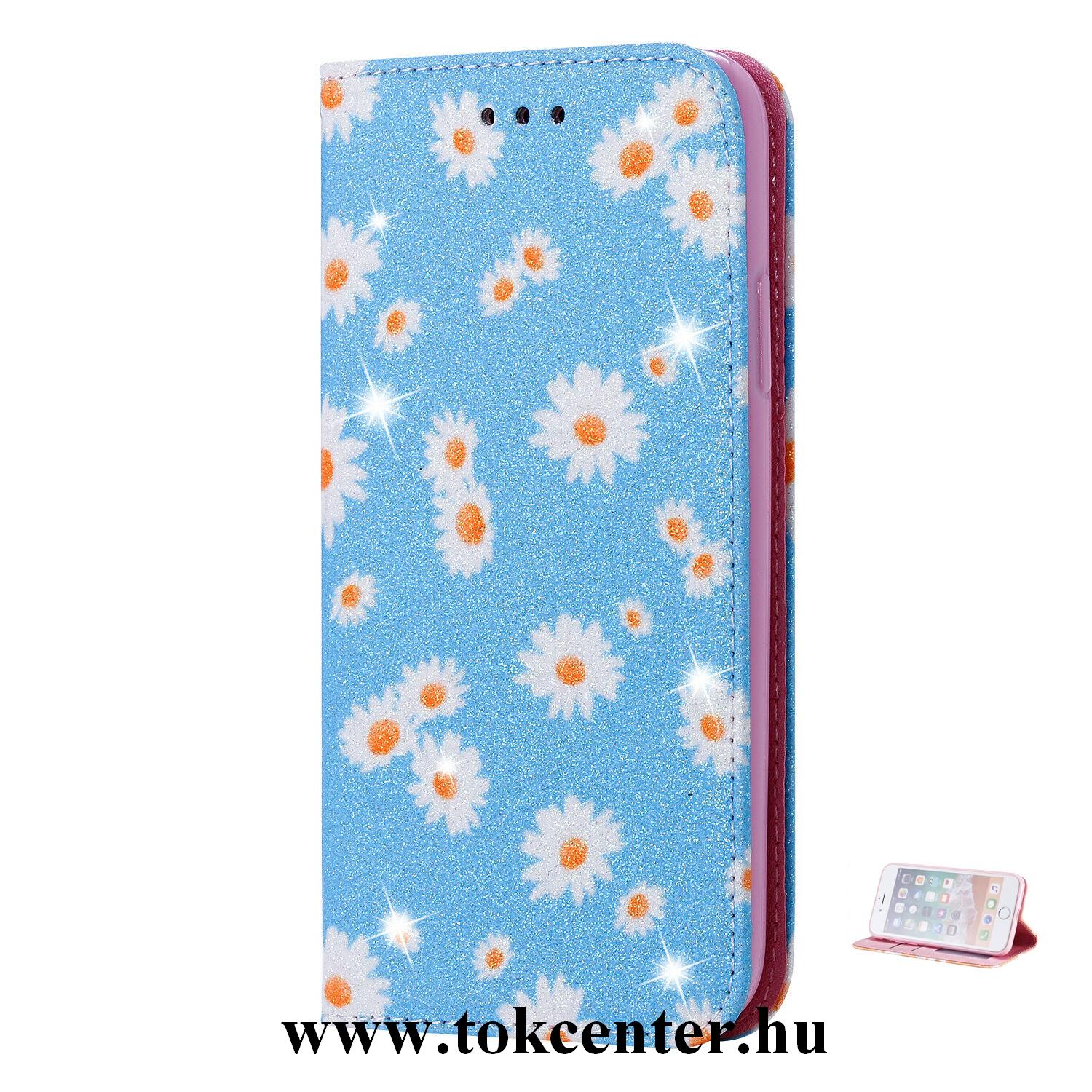 Honor 9S / Huawei Y5p Tok álló, bőr hatású (FLIP, oldalra nyíló, bankkártya tartó, asztali tartó funkció, csillogós, virág minta) SÖTÉTKÉK