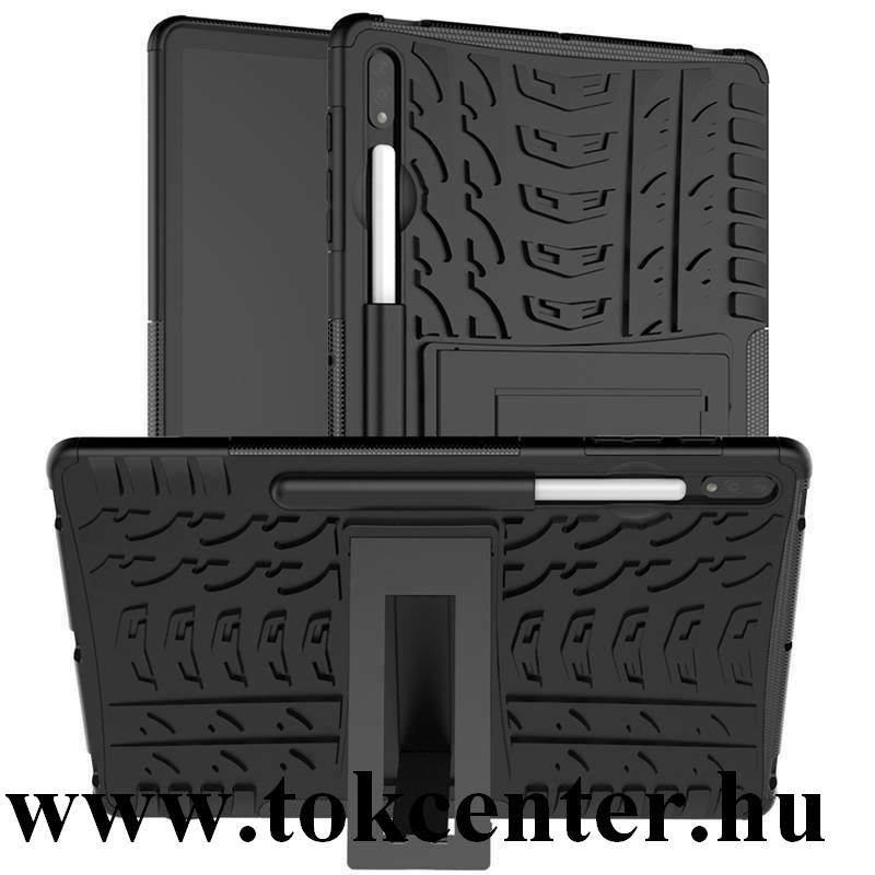 Samsung Galaxy Tab S7 LTE (SM-T875) / Tab S7 WIFI (SM-T870) Defender műanyag telefonvédő (közepesen ütésálló, szilikon belső, kitámasztó, autógumi minta) FEKETE