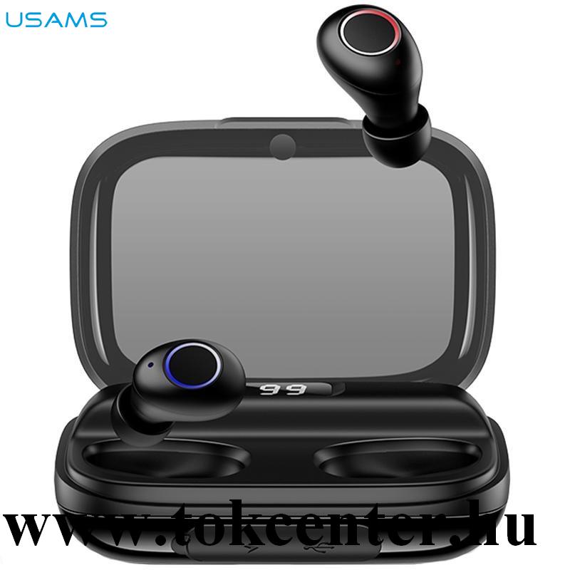 USAMS YJ BLUETOOTH SZTEREO fülhallgató (v5.0,TWS, zajszűrő, 2000 mAh belső akku + mágneses töltőtok, LED kijelző) FEKETE (BHUYJ01)
