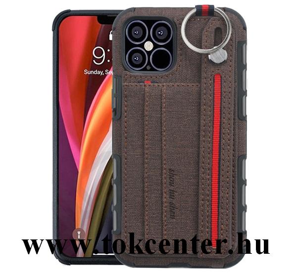 Apple iPhone 12 / Apple iPhone 12 Pro Szilikon telefonvédő (közepesen ütésálló, asztali tartó funkció, bankkártya tartó, textil hátlap + kézpánt) BARNA