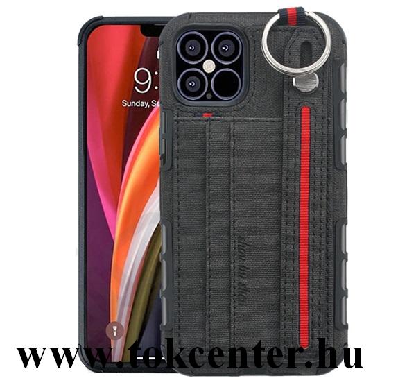 Apple iPhone 12 / Apple iPhone 12 Pro Szilikon telefonvédő (közepesen ütésálló, asztali tartó funkció, bankkártya tartó, textil hátlap + kézpánt) FEKETE
