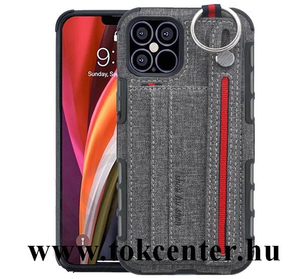 Apple iPhone 12 / Apple iPhone 12 Pro Szilikon telefonvédő (közepesen ütésálló, asztali tartó funkció, bankkártya tartó, textil hátlap + kézpánt) SZÜRKE
