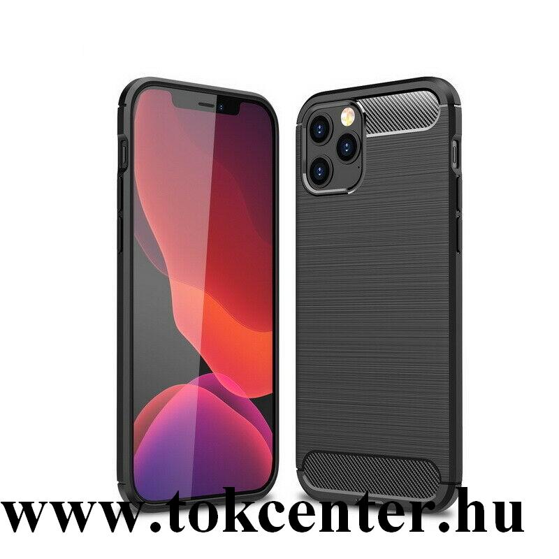 Apple iPhone 12 / Apple iPhone 12 Pro Szilikon telefonvédő (közepesen ütésálló, légpárnás sarok, szálcsiszolt, karbon minta) FEKETE