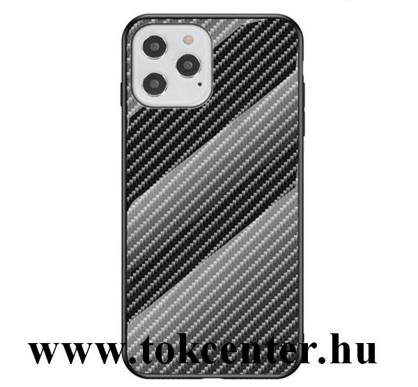 Apple iPhone 12 / Apple iPhone 12 Pro Telefonvédő szilikon keret (BUMPER, edzett üveg hátlap, karbon minta) FEKETE