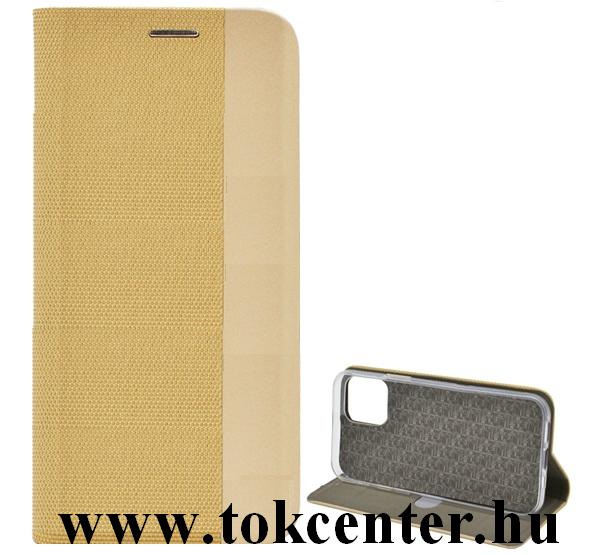 Apple iPhone 12 / Apple iPhone 12 Pro Tok álló, bőr hatású (FLIP, oldalra nyíló, asztali tartó funkció, textil hatás) ARANY