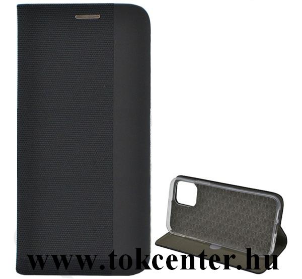 Apple iPhone 12 / Apple iPhone 12 Pro Tok álló, bőr hatású (FLIP, oldalra nyíló, asztali tartó funkció, textil hatás) FEKETE