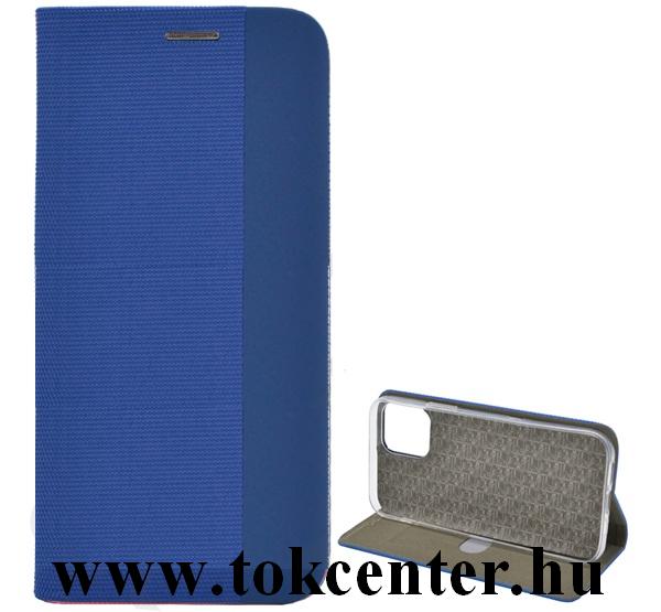 Apple iPhone 12 / Apple iPhone 12 Pro Tok álló, bőr hatású (FLIP, oldalra nyíló, asztali tartó funkció, textil hatás) SÖTÉTKÉK