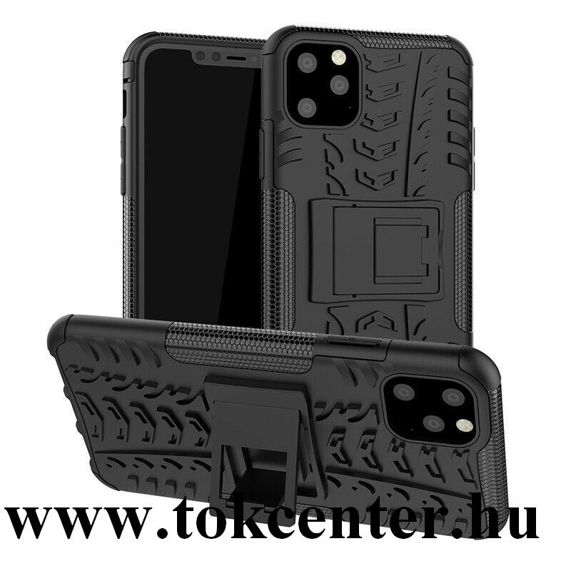 Apple iPhone 12 mini Defender műanyag telefonvédő (közepesen ütésálló, szilikon belső, kitámasztó, autógumi minta) FEKETE