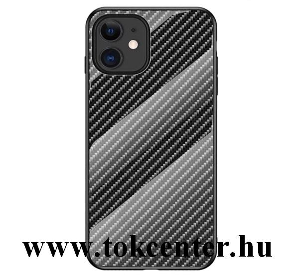 Apple iPhone 12 mini Telefonvédő szilikon keret (BUMPER, edzett üveg hátlap, karbon minta) FEKETE