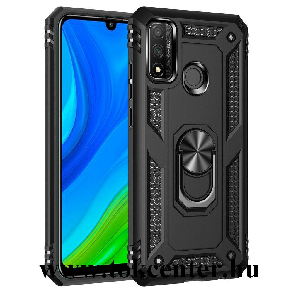 Huawei P Smart (2020) Defender műanyag telefonvédő (közepesen ütésálló, szilikon belső, telefontartó gyűrű, beépített fémlemez) FEKETE