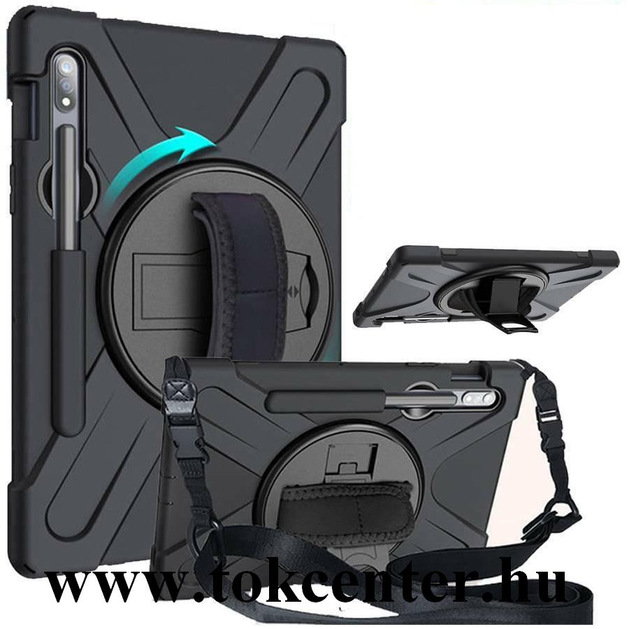 Samsung Galaxy Tab S7 LTE (SM-T875) / Samsung Galaxy Tab S7 WIFI (SM-T870) Defender szilikon telefonvédő (kézpánt, közepesen ütésálló, kitámasztó, vállra akasztható) FEKETE