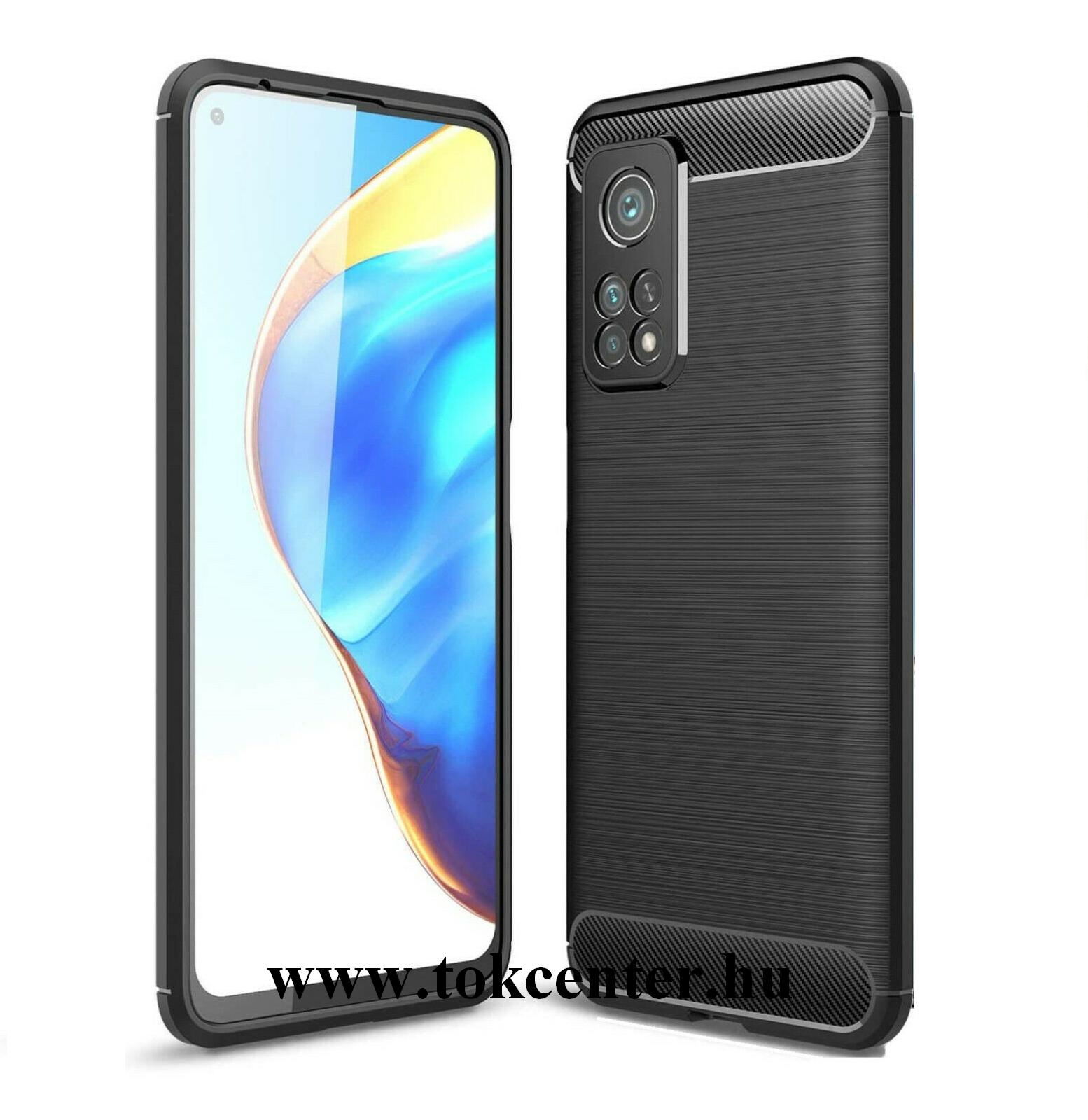 Xiaomi Mi 10T 5G / Xiaomi Mi 10T Pro 5G Szilikon telefonvédő (közepesen ütésálló, légpárnás sarok, szálcsiszolt, karbon minta) FEKETE
