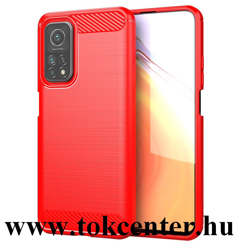 Xiaomi Mi 10T 5G / Xiaomi Mi 10T Pro 5G Szilikon telefonvédő (közepesen ütésálló, légpárnás sarok, szálcsiszolt, karbon minta) PIROS