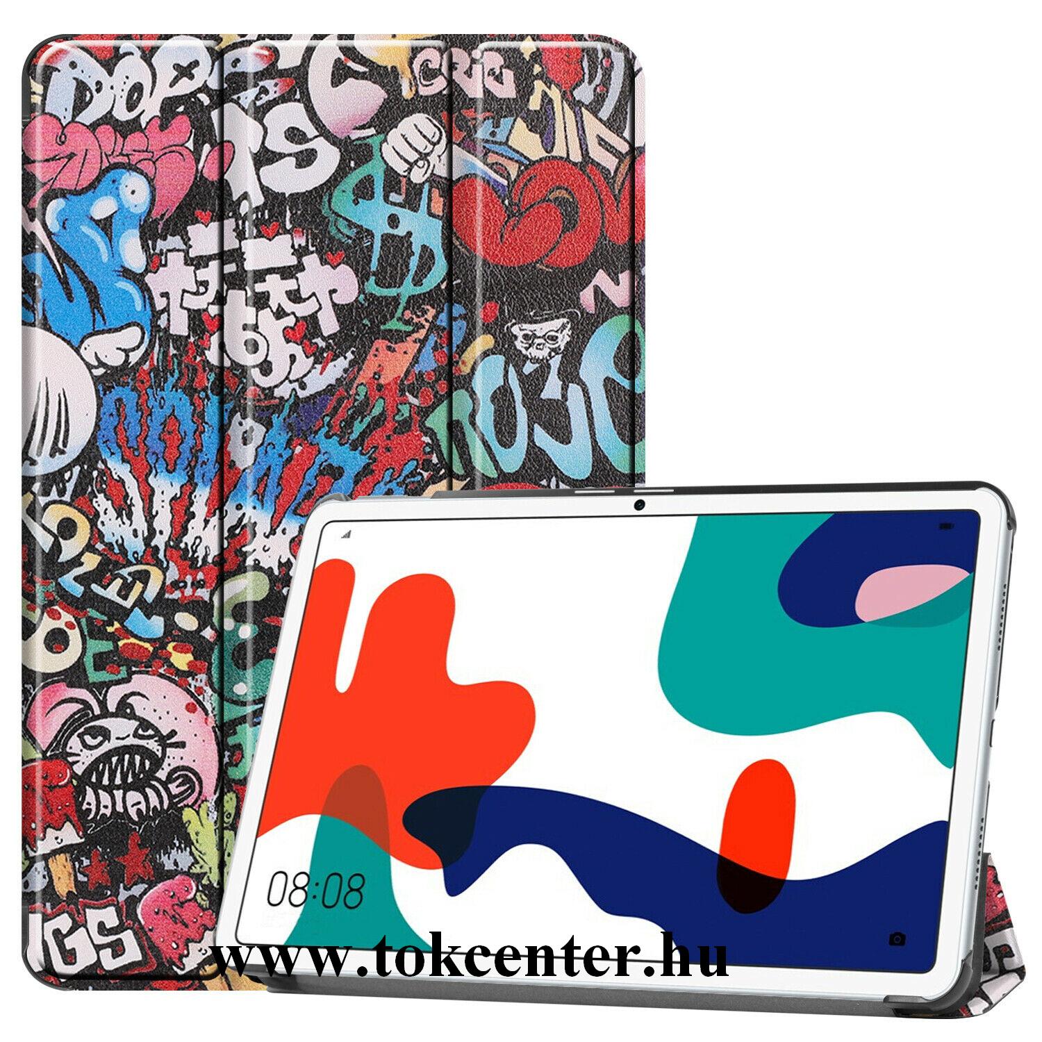 Huawei MediaPad M6 10.8 LTE / Huawei MediaPad M6 10.8 WIFI Tok álló, bőr hatású (aktív flip, oldalra nyíló, TRIFOLD asztali tartó funkció, graffiti minta) SZÍNES
